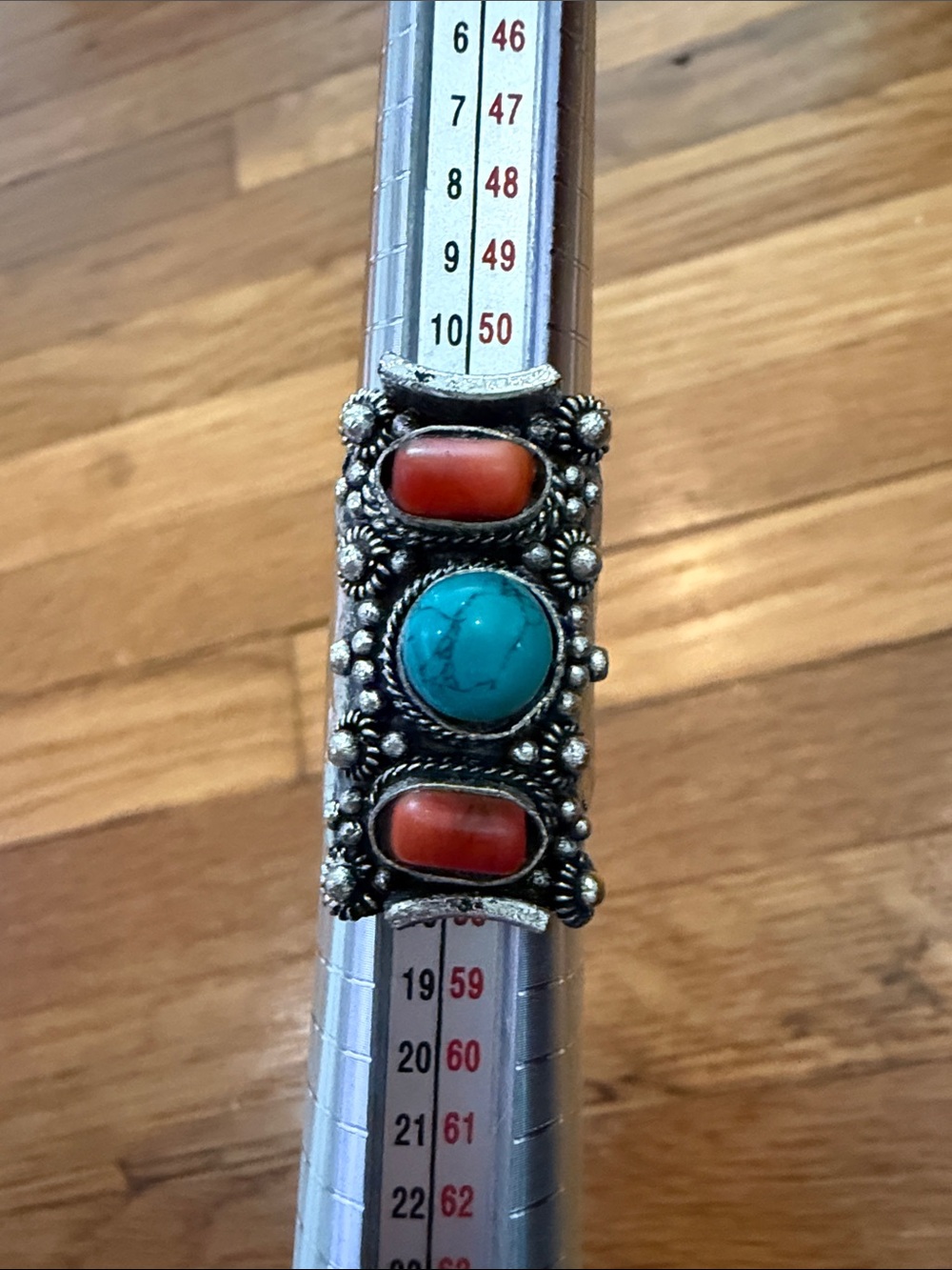 Turquoise and Coral Style Statement Silver Ring - Picture 5 of 6